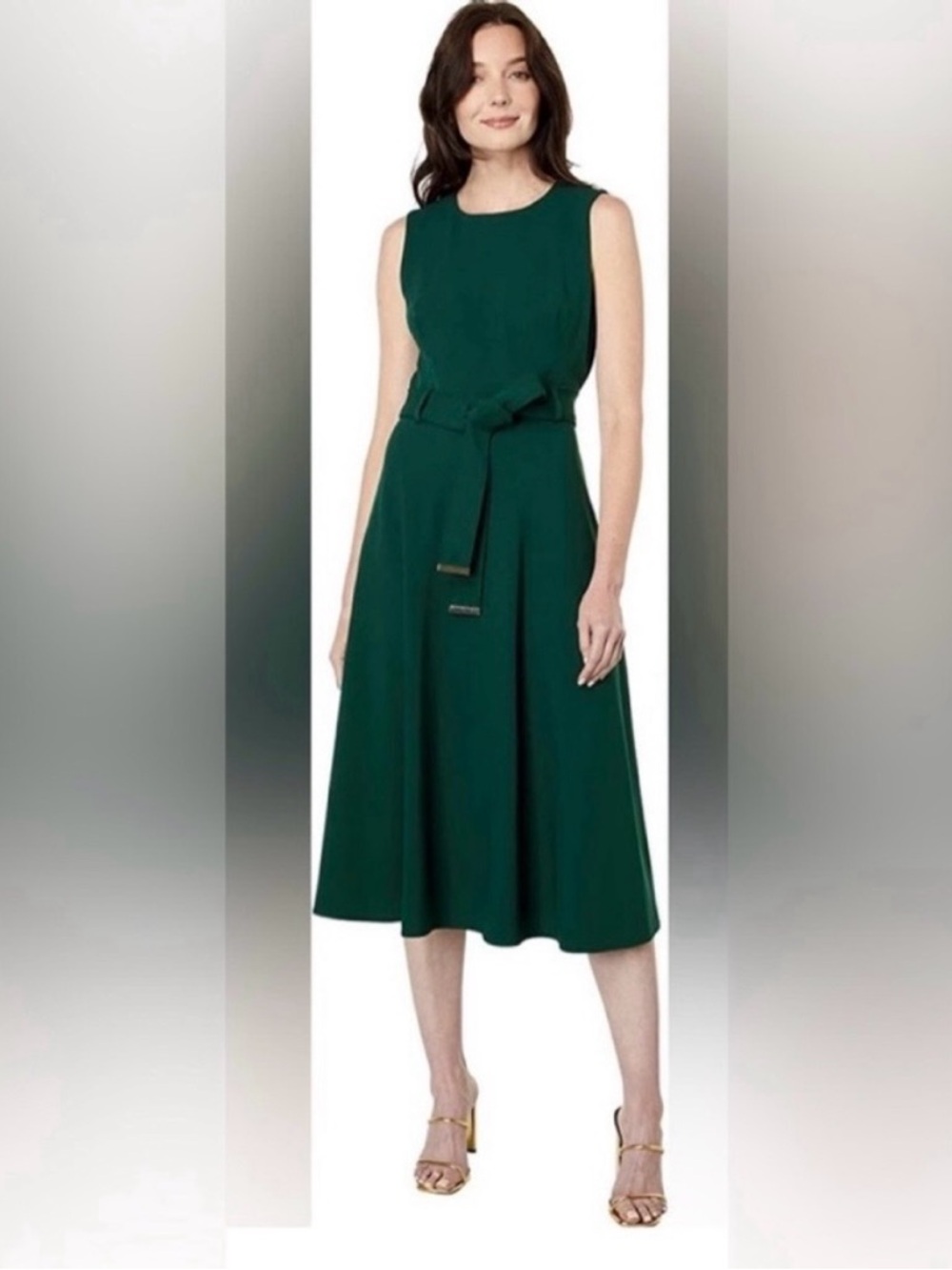 💚 NWT! Green CALVIN KLEIN Sleeveless A-Line Belted Dress - Size 10